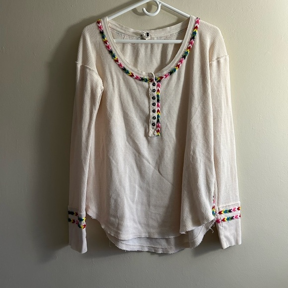 Free People We The Free Rainbow Embroidered Thermal Size Medium Cream - Picture 1 of 7